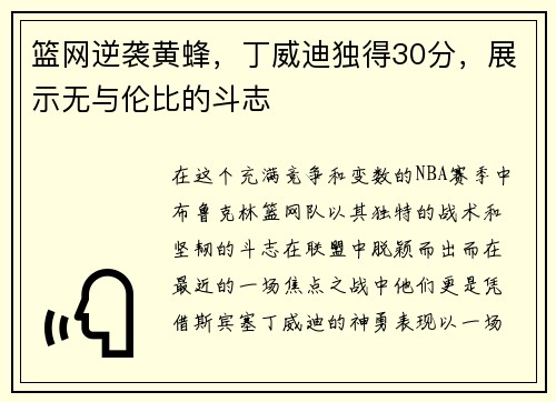 篮网逆袭黄蜂，丁威迪独得30分，展示无与伦比的斗志