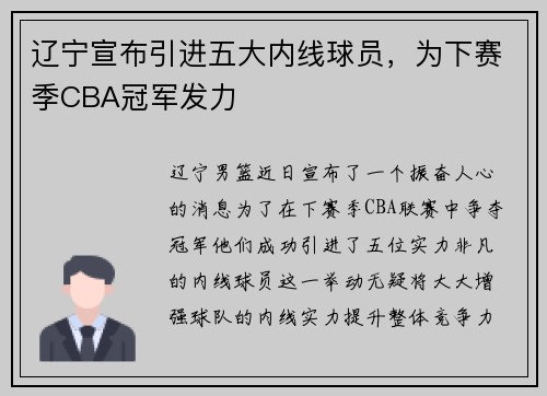 辽宁宣布引进五大内线球员,为下赛季CBA冠军发力